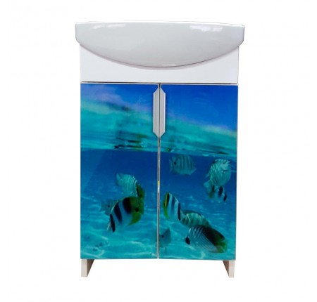 Тумба Mikola-M Plastics 5.0 Мир моря под стеклом с умывальником 50 см